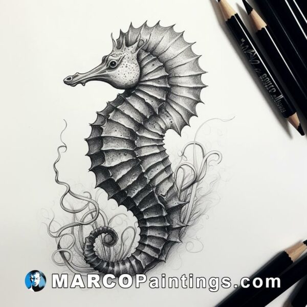 A detailed drawing of a seahorse that is done in black and white