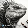 A detailed drawing of an iguana with a pencil