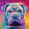 A detailed painting of a colorful bulldog