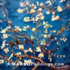 A detailed painting of an almond tree in bloom on a blue background