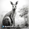 A detailed pencil sketch of a kangaroo sitting on the sidewalk
