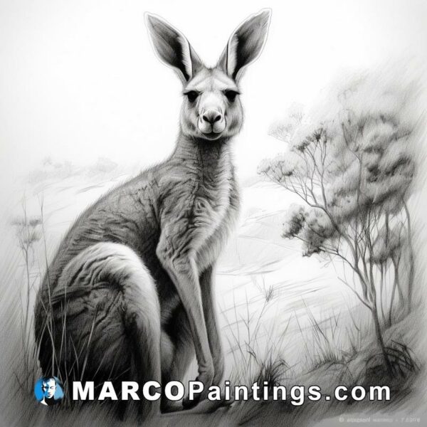 A detailed pencil sketch of a kangaroo sitting on the sidewalk