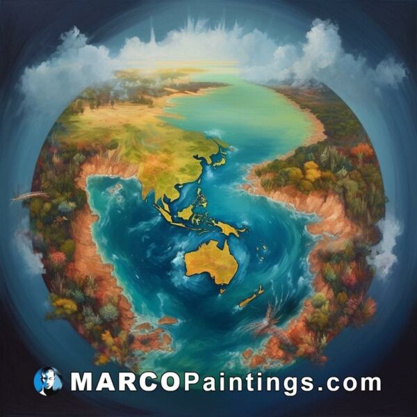 A digitally painted image of an earth with mountains and ocean