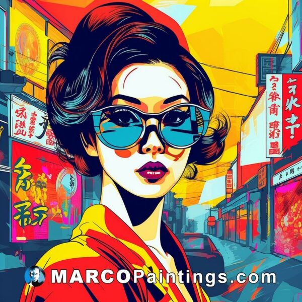 A digitally recreated ltd poster illustration of a girl wearing sunglasses in the city