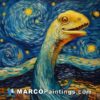 A dinosaur painted by vincent van gogh with a starry sky