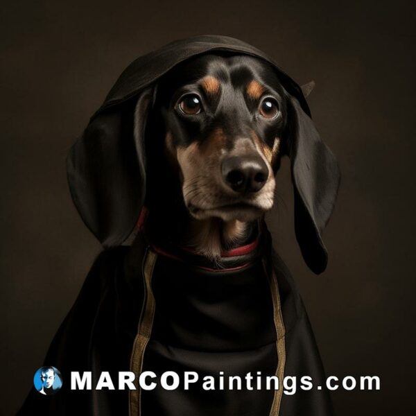 A dog in a monk costume standing behind a dark background