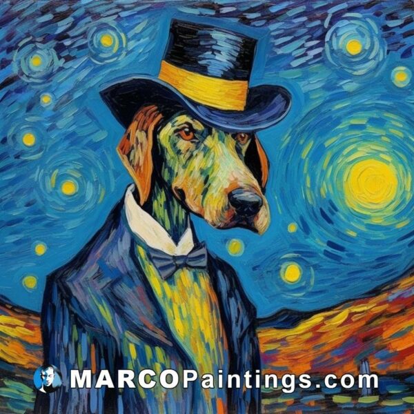 A dog is in front of a starry night