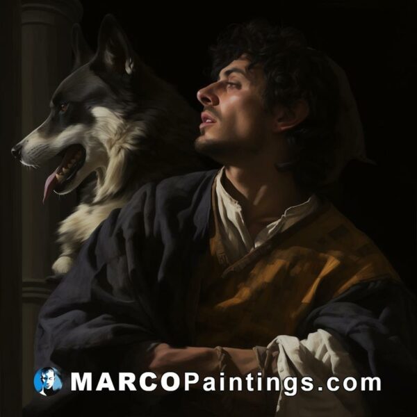 A dog is next to the man in the painting