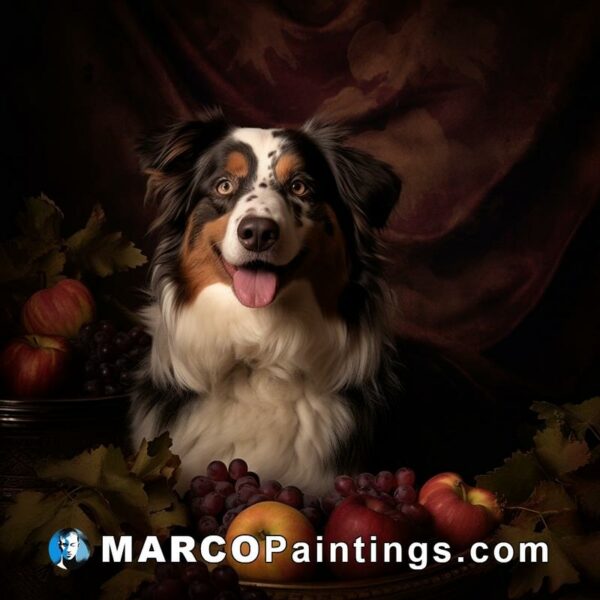 A dog laying on a bowl full of apples