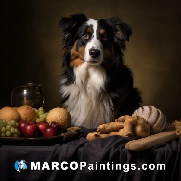 A dog sitting next to a table of fruit and bread