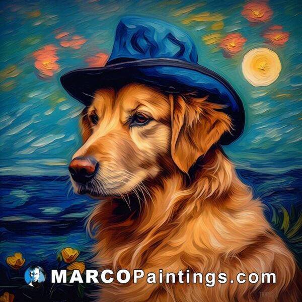 A dog wearing a blue hat with starry sky