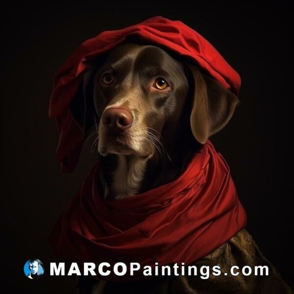 A dog wearing a red scarf and black background on b&w
