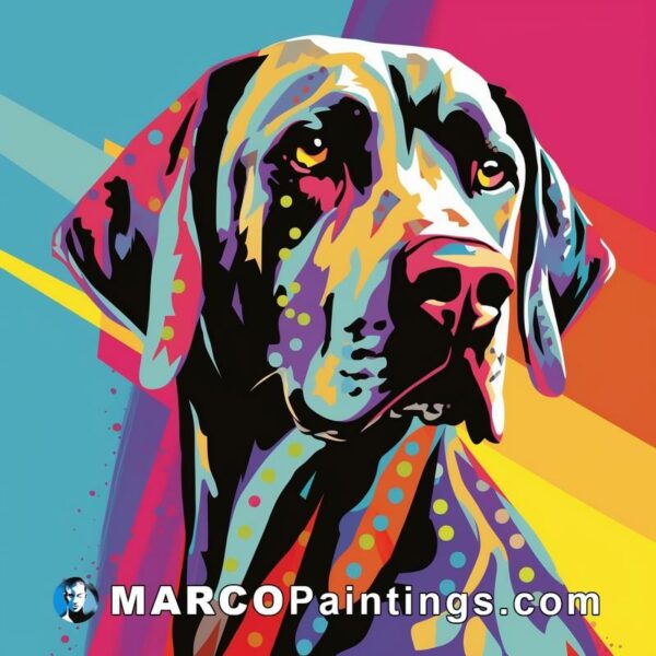 A dog with an abstract painting on the background of the picture