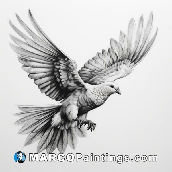 A drawing of a big dove flying with wings spread