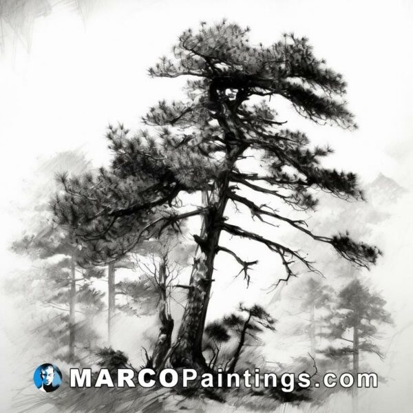 A drawing of a black and white pine tree