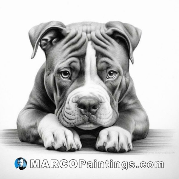 A drawing of a black and white pit bull dog