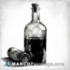 A drawing of a bottle of liquor and an empty container