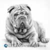 A drawing of a bulldog laying on the ground