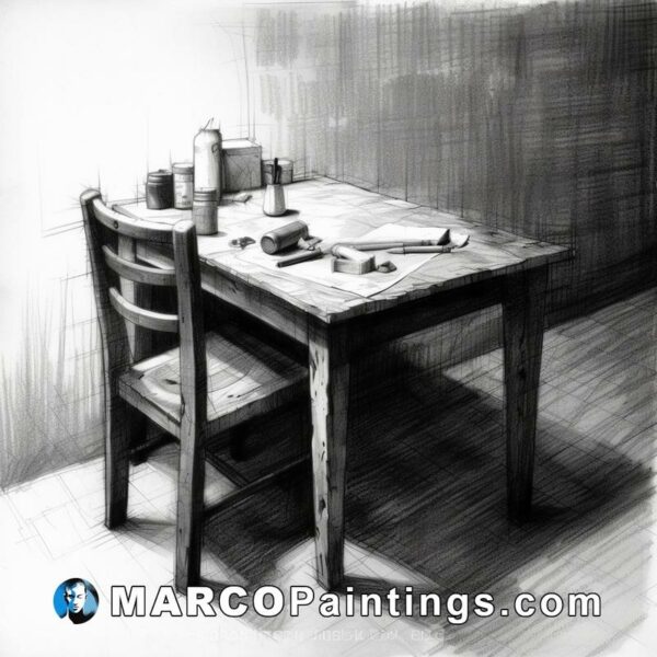 A drawing of a chair and kitchen table