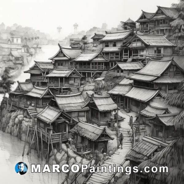 A drawing of a chinese village with wooden houses