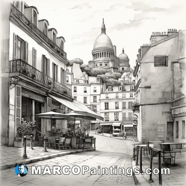 A drawing of a city street in paris on a grey background