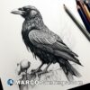 A drawing of a crow with black pencil on paper