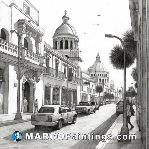 A drawing of a downtown street of buildings