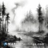 A drawing of a forest scene with smoke