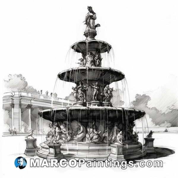 A drawing of a fountain in a park