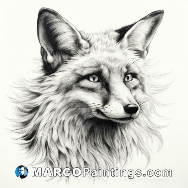 A drawing of a fox face that is in black and white