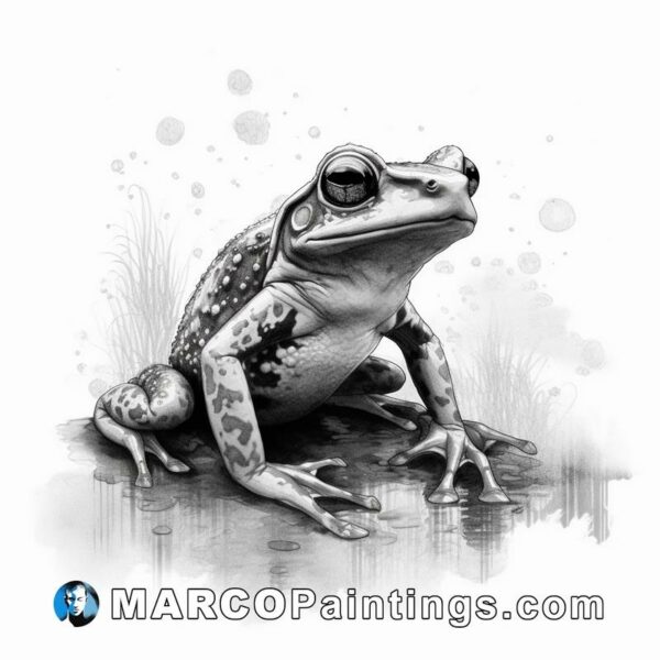 A drawing of a frog sitting on top of some muddy ground with water splashes