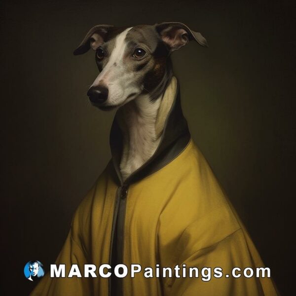 A drawing of a greyhound in a yellow coat