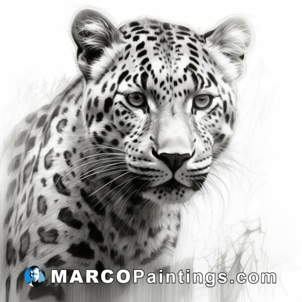 A drawing of a leopard in white and black