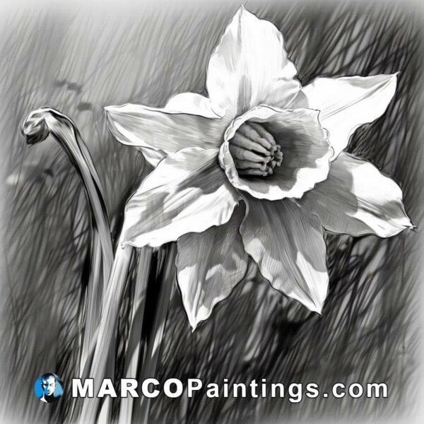 A drawing of a narcissus flower in black and white
