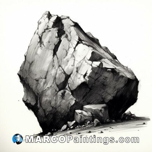 A drawing of a rock in black and white