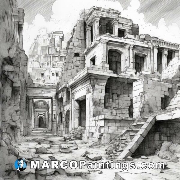 A drawing of a ruins in a city