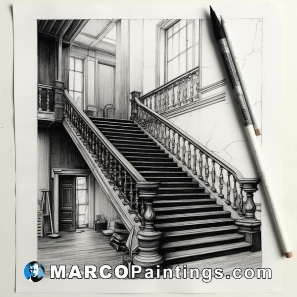 A drawing of a staircase next to a pen