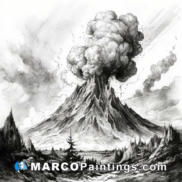 A drawing of a volcano with a dark background