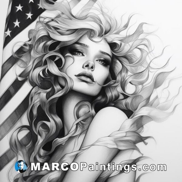 A drawing of a woman with curly hair and the american flag