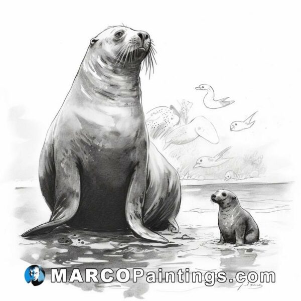 A drawing of an adult and a calf seal