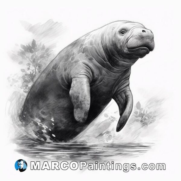 A drawing of an adult manatee swimming in water