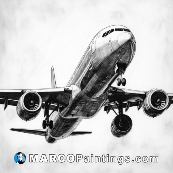 A drawing of an airplane in a black and white painting