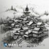 A drawing of an asian village by japanese artist
