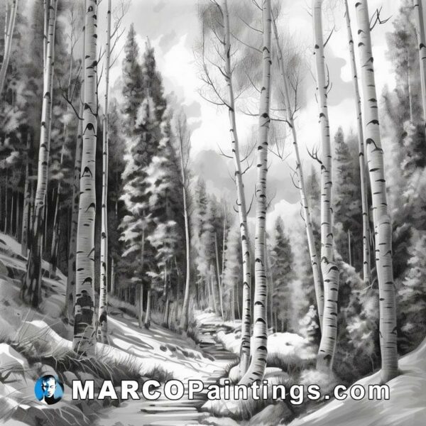 A drawing of an aspen forest with snow