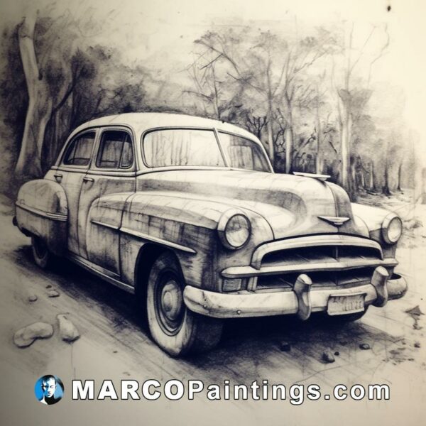 A drawing of an old car in pencils