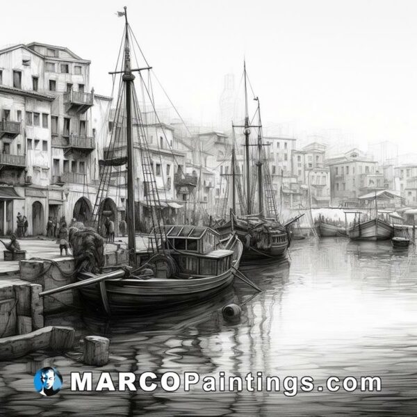 A drawing of an old harbor with boats on it