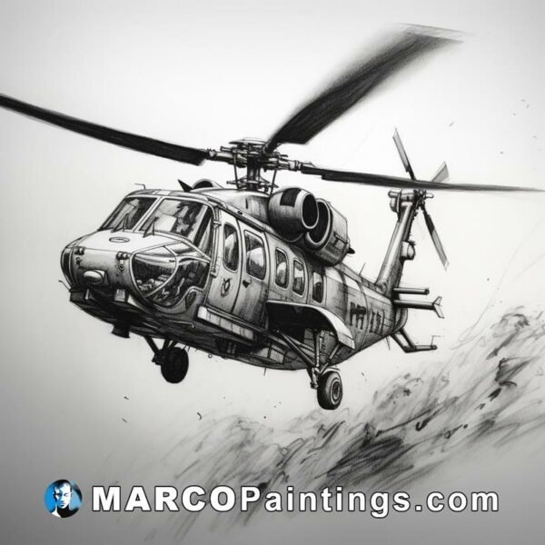 A drawing of an old medevac xrdec helicopter flying through mud and dust in the sky