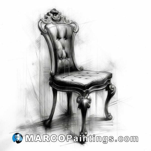 A drawing of an ornate chair in black and white