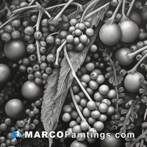 A drawing of berries and leaves in black and white