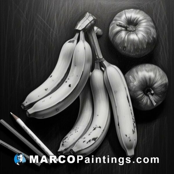 A drawing of blackandwhite bananas and apples